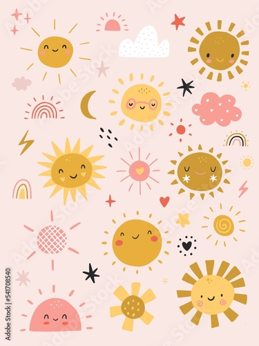 Cute set with sun characters. Funny happy smiley suns. Happy doodles beautiful cartoon faces illustration