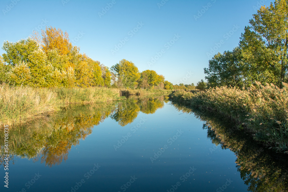 View of the Kiskunsag main channel with the colourful trees reflecting in the water near Tass village and municipality in Bacs-Kiskun county, in the Southern Great Plain region of southern Hungary View of the Kiskunsag main channel with the colourful trees reflecting in the water near Tass village and municipality in Bacs-Kiskun county, in the Southern Great Plain region of southern Hungary