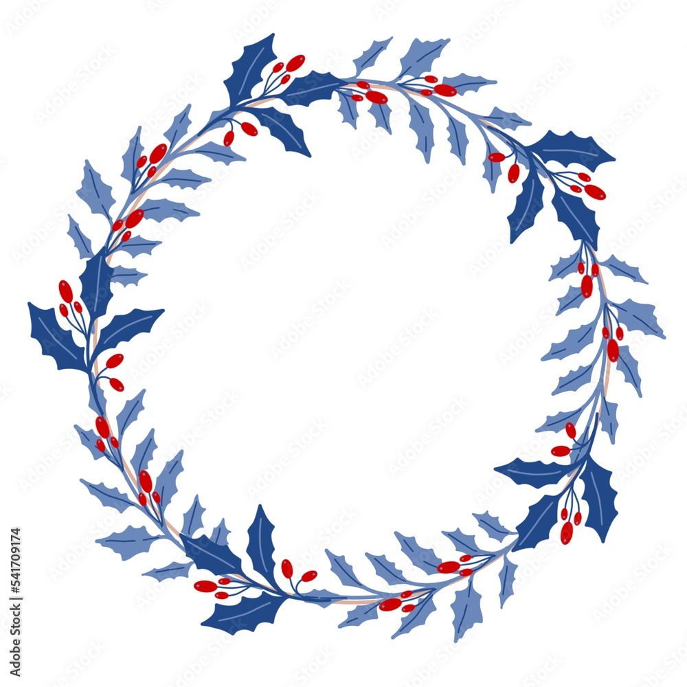 Obraz premium Winter wreath with blue branches and berries. Design for Holidays invitation, greeting card, poster, packaging, print.