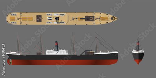 Steamer drawing. 3d steamship industrial blueprint. Old ship view: top, side and front. Isolated steamboat. Industry vehicle