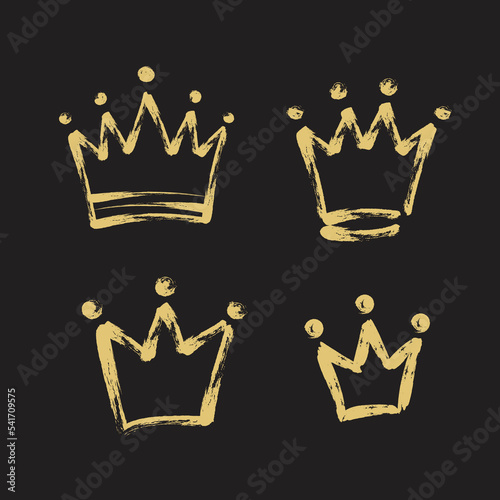Hand drawn gold crown set in grunge sketch style on blackground