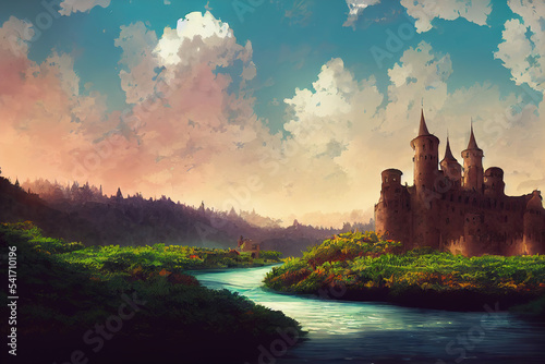 a fantasy fairytale castle illustration with a river flowing