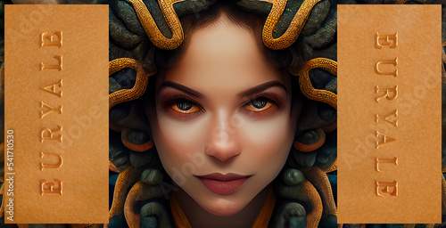 Euryale Goddess. Gorgon Amazon from Greek Mythology. Female monster, protective deity. Serpent belt, power to petrify. Daughter of Phorcys and Ceto. photo