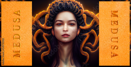 Medusa Goddess. Greek mythology. Gorgon, daughter of Phorcys and Ceto. Chthonic monster of the archaic world. Woman with snakes in her hair. photo