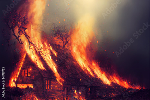 a burning cottage illustration, roof in fire