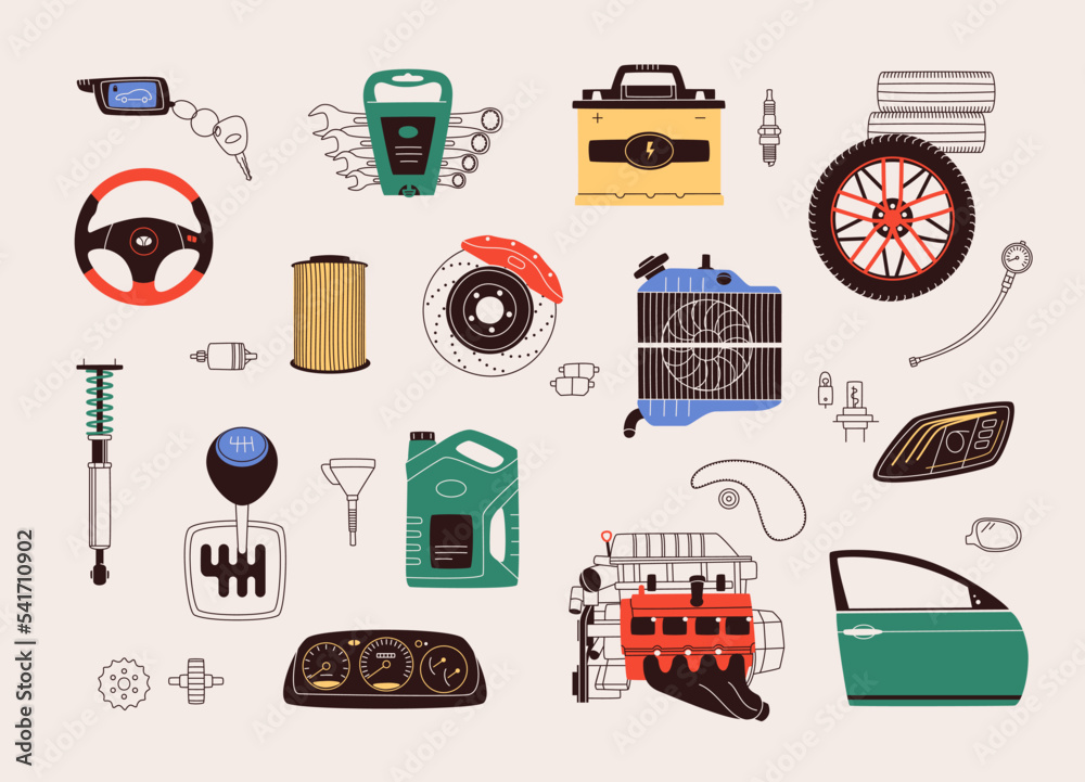 Vecteur Stock Flat design vector illustration of car parts, spares and  accessories. Set includes auto parts such as engine, gearbox, transmission,  wheel, battery, brakes, dashboard, filter, tools and radiator.