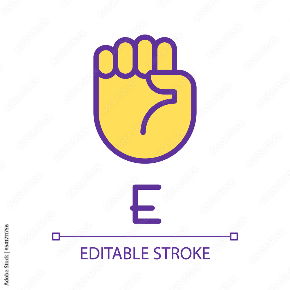 Letter E visualization in ASL pixel perfect RGB color icon. People with deafness support. Isolated vector illustration. Simple filled line drawing. Editable stroke. Arial font used Letter E visualization in ASL pixel perfect RGB color icon. People with deafness support. Isolated vector illustration. Simple filled line drawing. Editable stroke. Arial font used