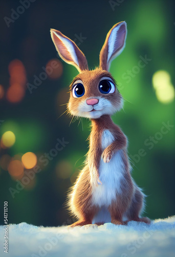 cute fluffy christmas bunny in new year forest with christmas gifts, cartoon character © barinovalena