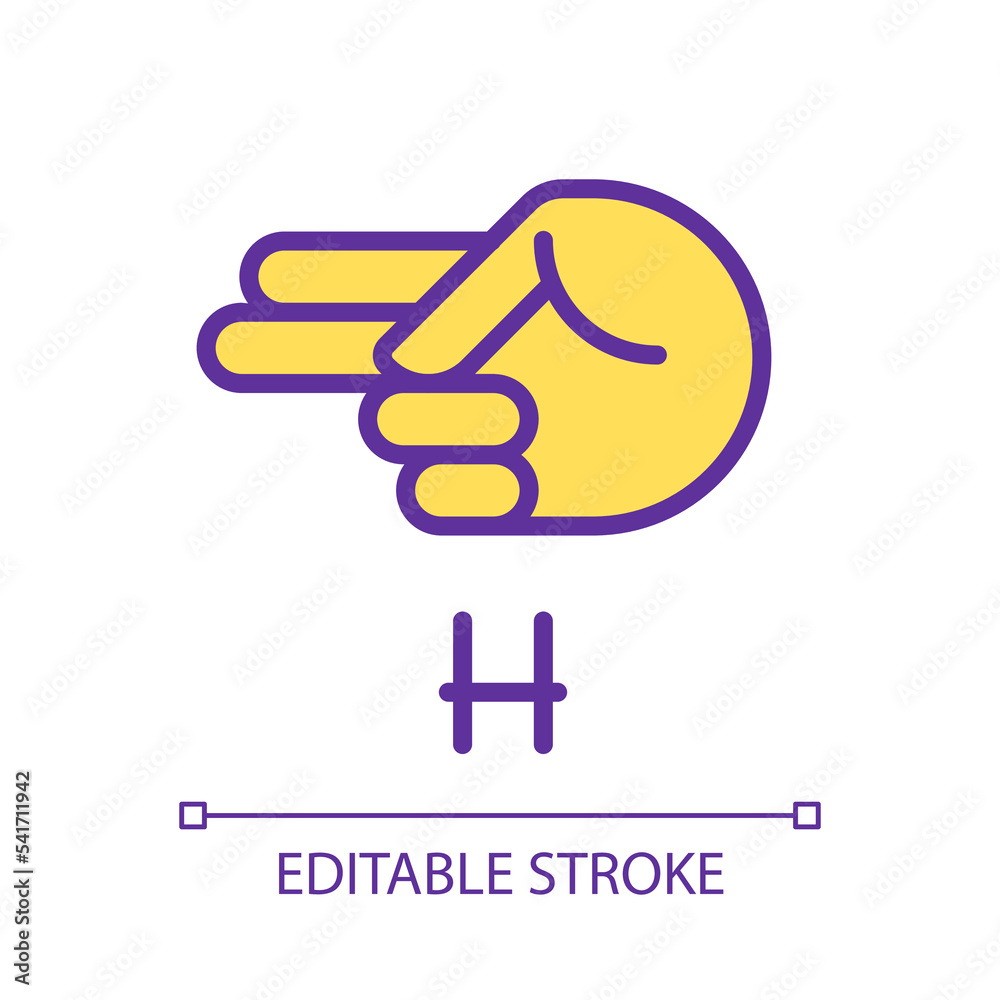 Signing letter H in ASL pixel perfect RGB color icon. Communication system for people with deafness. Isolated vector illustration. Simple filled line drawing. Editable stroke. Arial font used Signing letter H in ASL pixel perfect RGB color icon. Communication system for people with deafness. Isolated vector illustration. Simple filled line drawing. Editable stroke. Arial font used