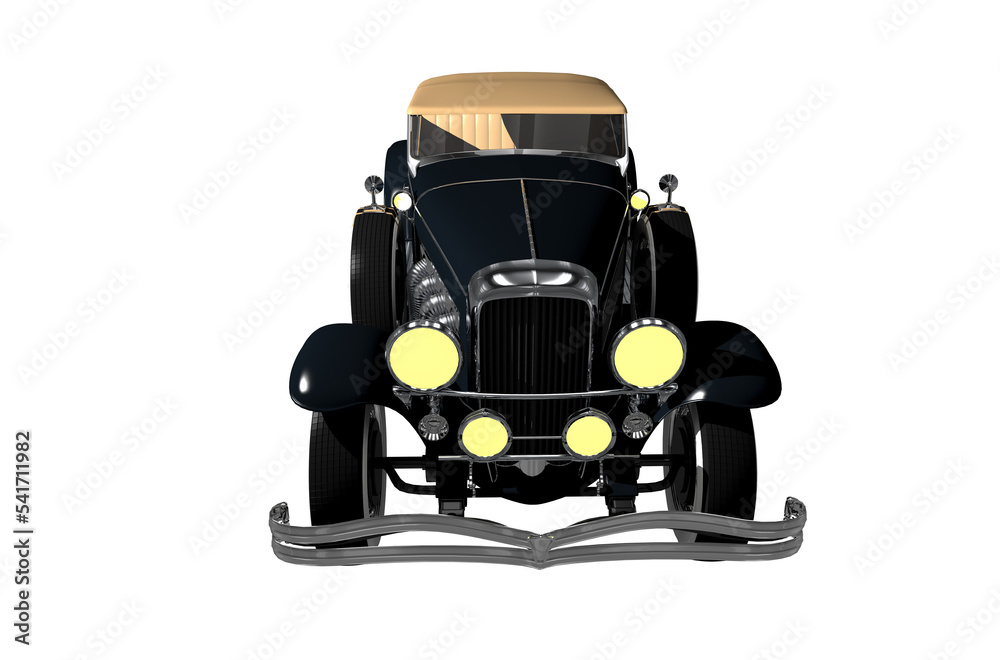 Vintage Automobile PNG Transparent Illustration 3D Render. Dark Elegant Classic Car Front View.