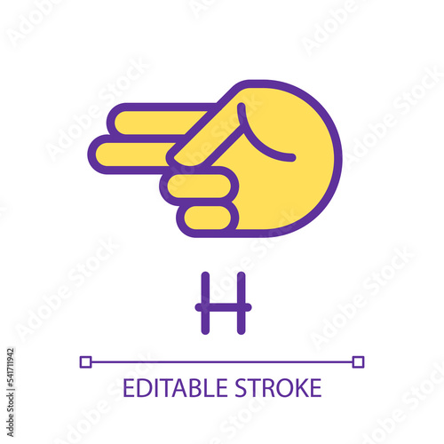 Signing letter H in ASL pixel perfect RGB color icon. Communication system for people with deafness. Isolated vector illustration. Simple filled line drawing. Editable stroke. Arial font used