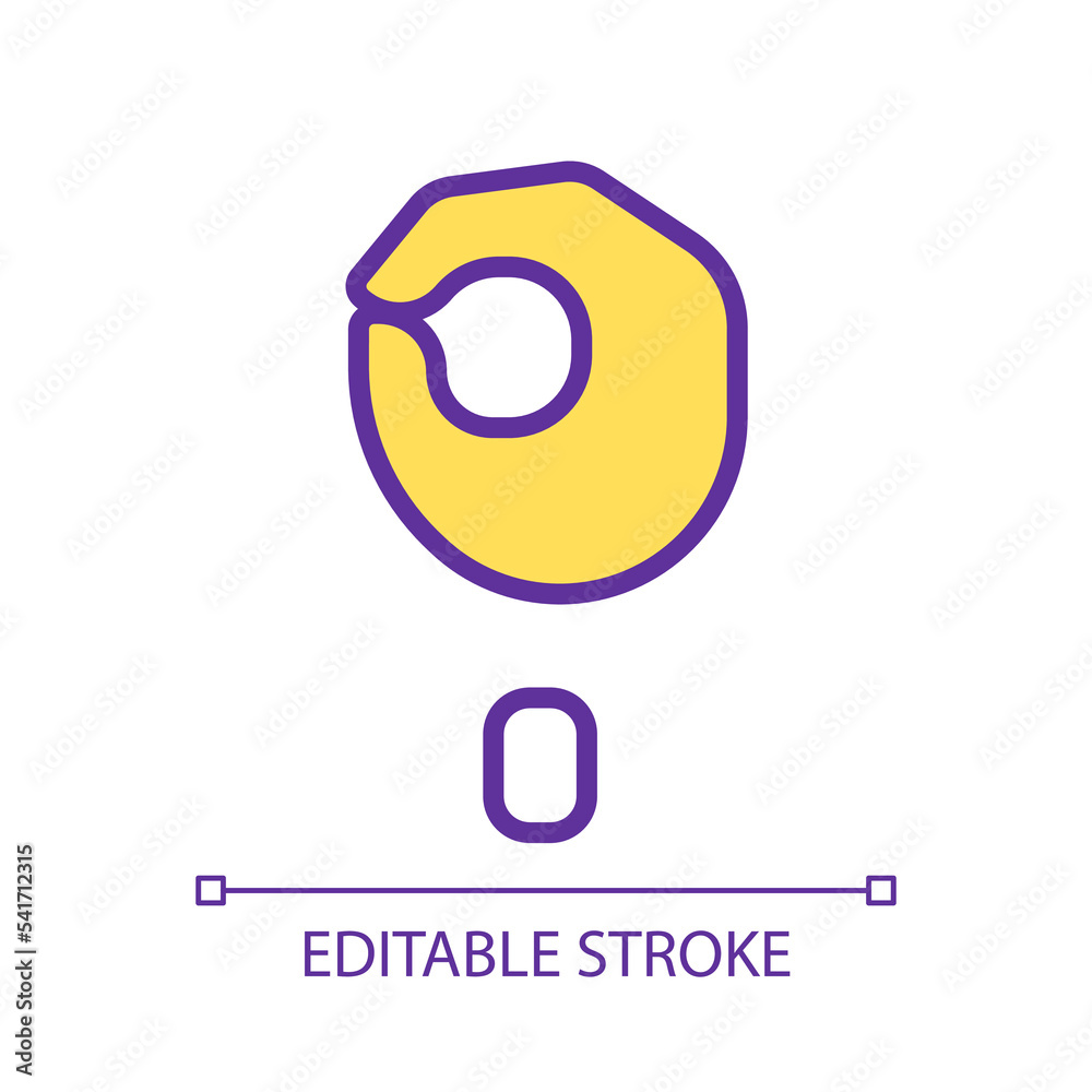 Singing letter O in ASL pixel perfect RGB color icon. System of communication. Visual modality usage. Isolated vector illustration. Simple filled line drawing. Editable stroke. Arial font used Singing letter O in ASL pixel perfect RGB color icon. System of communication. Visual modality usage. Isolated vector illustration. Simple filled line drawing. Editable stroke. Arial font used