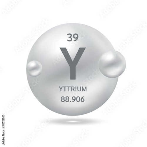 Yttrium molecule models silver and chemical formulas scientific element. Natural gas. Ecology and biochemistry concept. Isolated spheres on white background. 3D Vector Illustration.