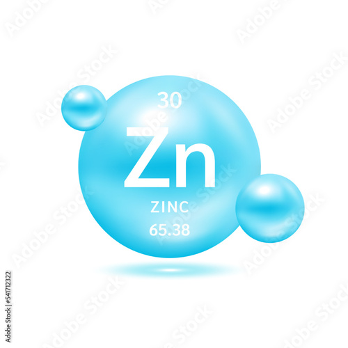 Zinc molecule models blue and chemical formulas scientific element. Natural gas. Ecology and biochemistry concept. Isolated spheres on white background. 3D Vector Illustration.