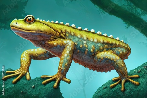 Amphibia Stegocephalia, amphibian, Paleozoic era, from water to land, realistic drawing, extinct animals, isolated image on a white background photo