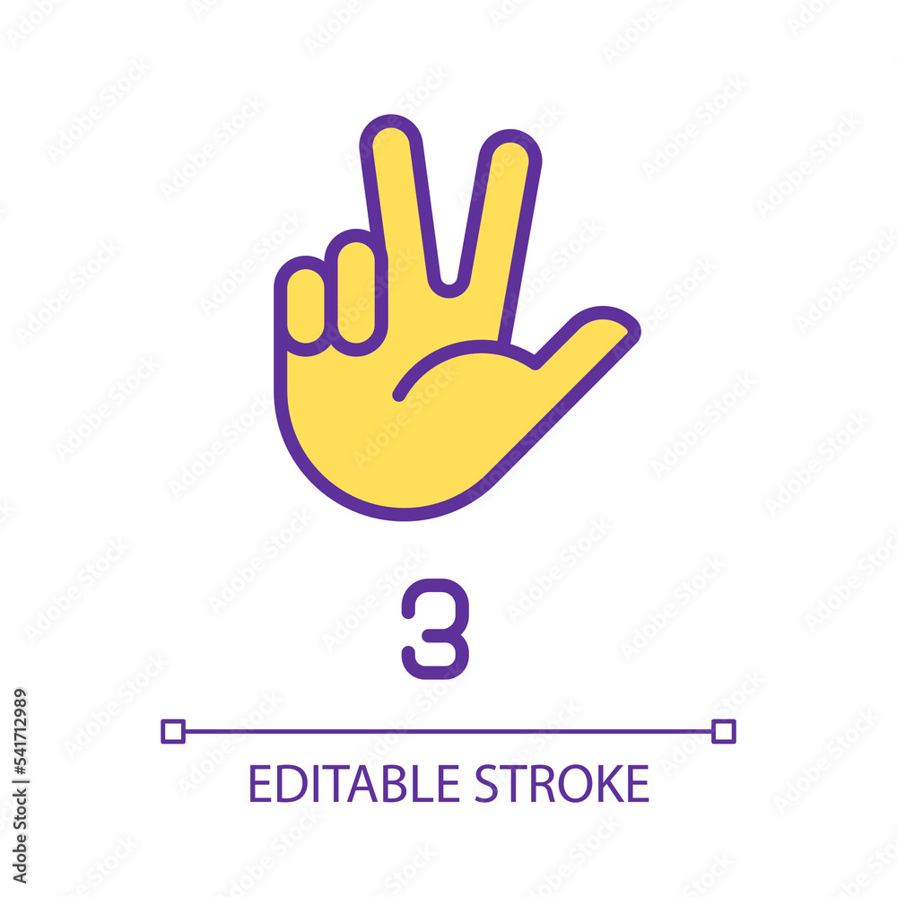 Signing digit three in ASL pixel perfect RGB color icon. Nonverbal communication system. Gesturing. Isolated vector illustration. Simple filled line drawing. Editable stroke. Arial font used
