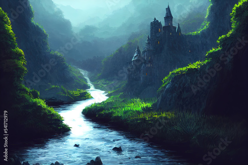 a night anime illustration of a river with a castle