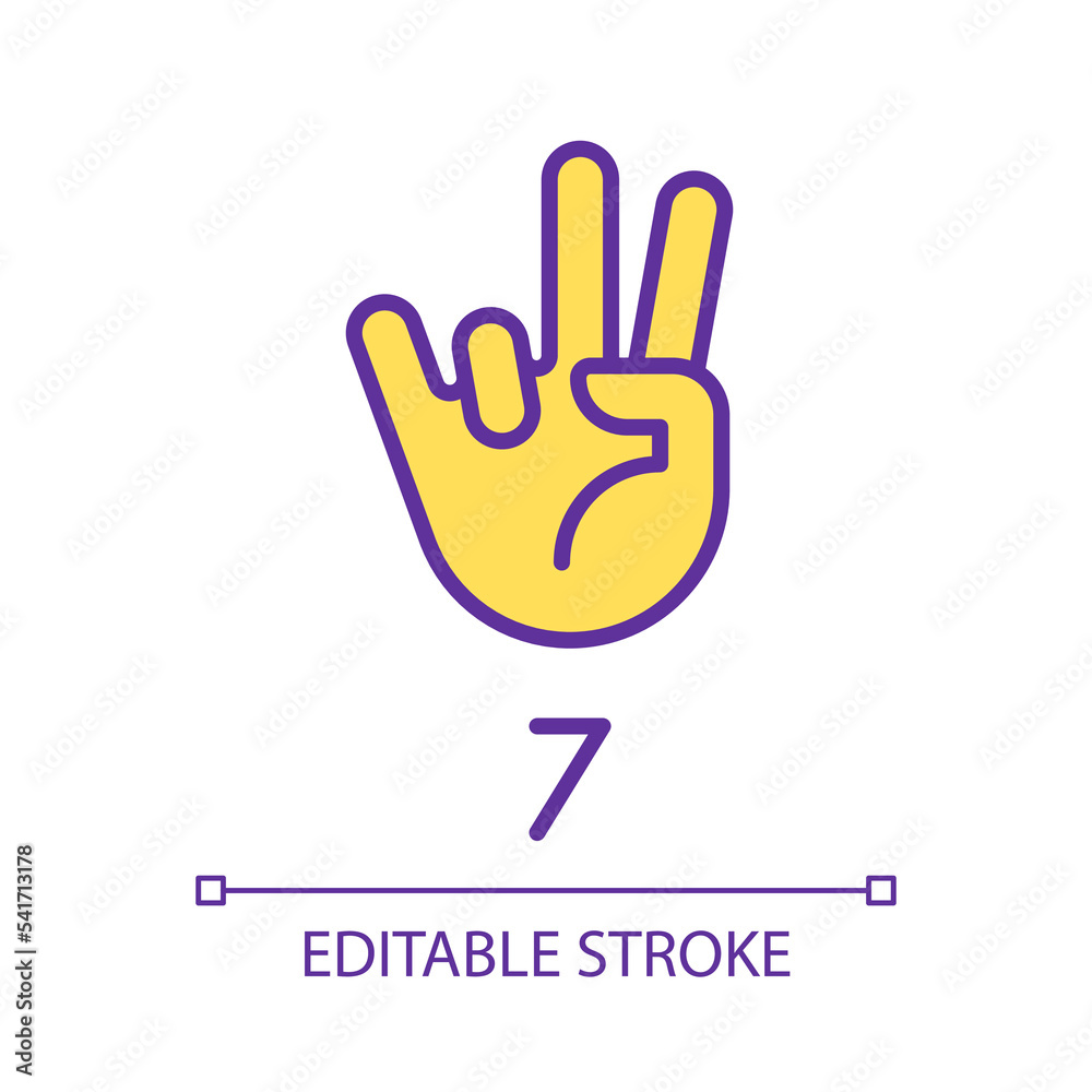 Digit seven sign in ASL pixel perfect RGB color icon. Number visual modality. Communication way. Isolated vector illustration. Simple filled line drawing. Editable stroke. Arial font used Digit seven sign in ASL pixel perfect RGB color icon. Number visual modality. Communication way. Isolated vector illustration. Simple filled line drawing. Editable stroke. Arial font used