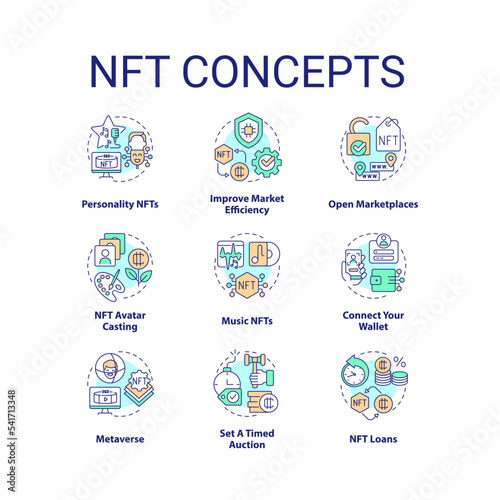 NFT concept icons set. Blockchain technology. Making money in cyberspace idea thin line color illustrations. Isolated symbols. Editable stroke. Roboto-Medium, Myriad Pro-Bold fonts used