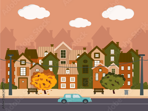 Autumn cityscape with houses and trees. Vector illustration in flat style. Modern city, cars are running on the road, pedestrians are walking, colorful buildings, cloudy sky, falling leaves.