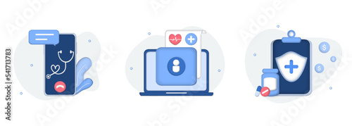 Medical illustration set. Online medical services, electronic medical record EMRs, health insurance. Online health consultation and treatment concept. 3d vector illustration.
