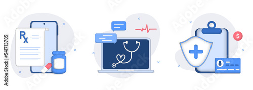 Medical illustration set. Online prescription, online medical services, health insurance and patients id card. Medicine and healthcare concept. online pharmacy, drugstore, diagnosis. 3d vector.