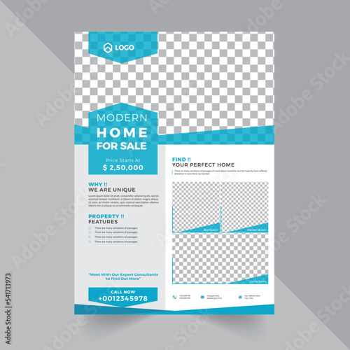 real estate house sale flyer design template with ocean blue color