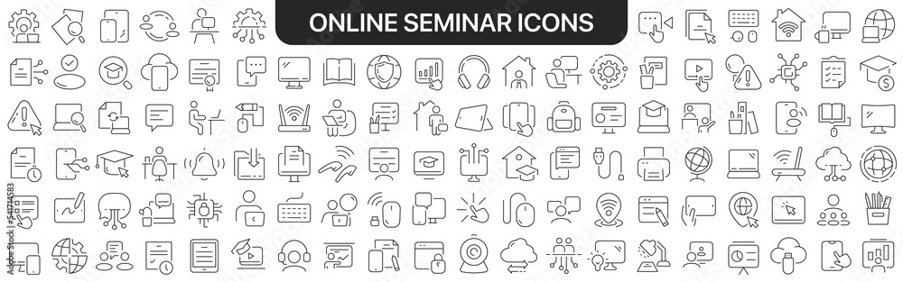 Online seminar icons collection in black. Icons big set for design. Vector linear icons
