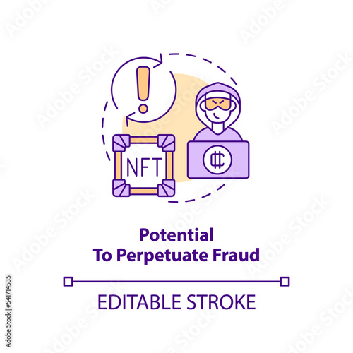 Potential to perpetuate fraud concept icon. Forged replica selling. NFT disadvantage abstract idea thin line illustration. Isolated outline drawing. Editable stroke. Arial  Myriad Pro-Bold fonts used