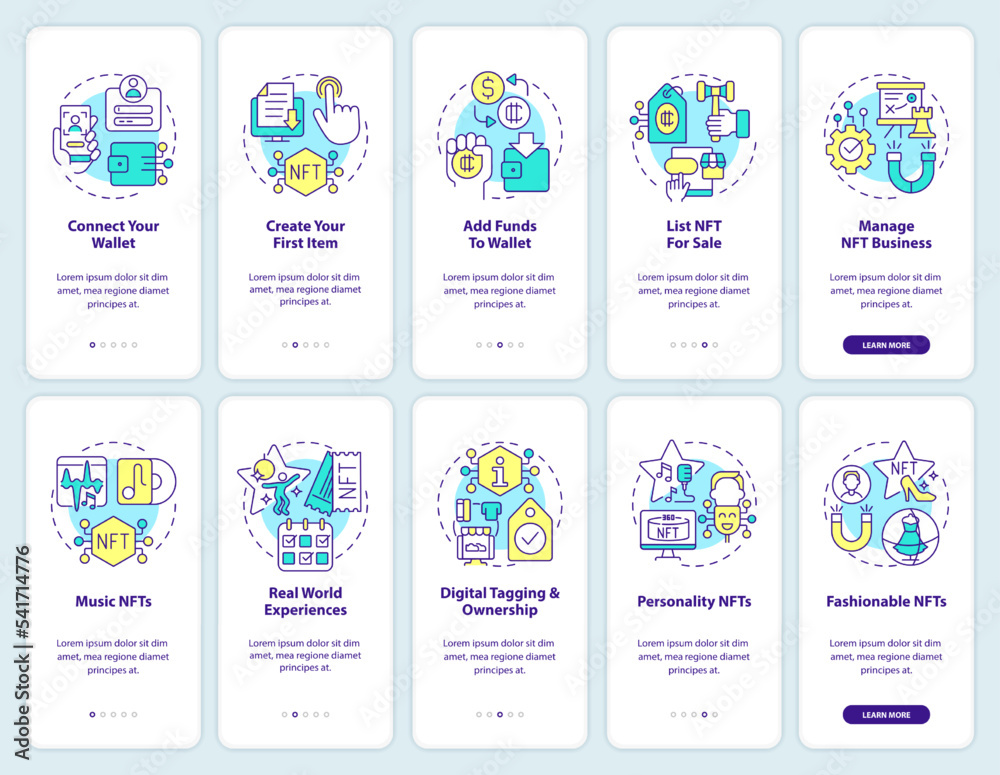 NFTs minting and trends onboarding mobile app screen set. Blockchain walkthrough 5 steps editable graphic instructions with linear concepts. UI, UX, GUI template. Myriad Pro-Bold, Regular fonts used