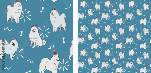 Seamless samoyed dog pattern, holiday texture. Square format, t-shirt, poster, packaging, textile, socks, textile, fabric, decoration, wrapping paper. Trendy hand-drawn dogs wallpaper.