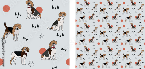 Seamless Beagle dog pattern, holiday texture. Square format, t-shirt, poster, packaging, textile, socks, textile, fabric, decoration, wrapping paper. Trendy hand-drawn dogs wallpaper.