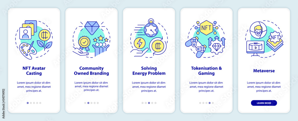 Important NFT trends onboarding mobile app screen. Marketing walkthrough 5 steps editable graphic instructions with linear concepts. UI, UX, GUI template. Myriad Pro-Bold, Regular fonts used