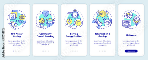 Important NFT trends onboarding mobile app screen. Marketing walkthrough 5 steps editable graphic instructions with linear concepts. UI, UX, GUI template. Myriad Pro-Bold, Regular fonts used