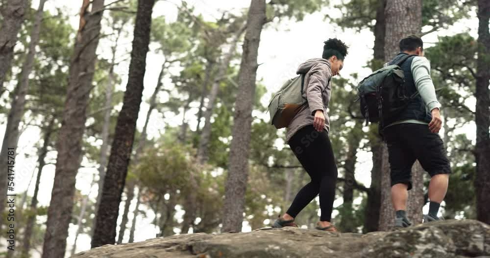 Hiking, couple and support for rock climbing workout, exercise and fitness on adventure in nature forest for health and wellness. Travel, trees and woods with man helping woman trekking with backpack Hiking, couple and support for rock climbing workout, exercise and fitness on adventure in nature forest for health and wellness. Travel, trees and woods with man helping woman trekking with backpack
