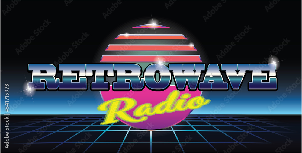 1980's neon sci fi landscape. Retrowave, synthwave vector background ...