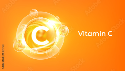 Vitamin C golden vector treatment. Vitamin gold oil pill icon. Skin care natural nutrition. Ascorbic antioxidant acid drop. Orange medicine capsule.