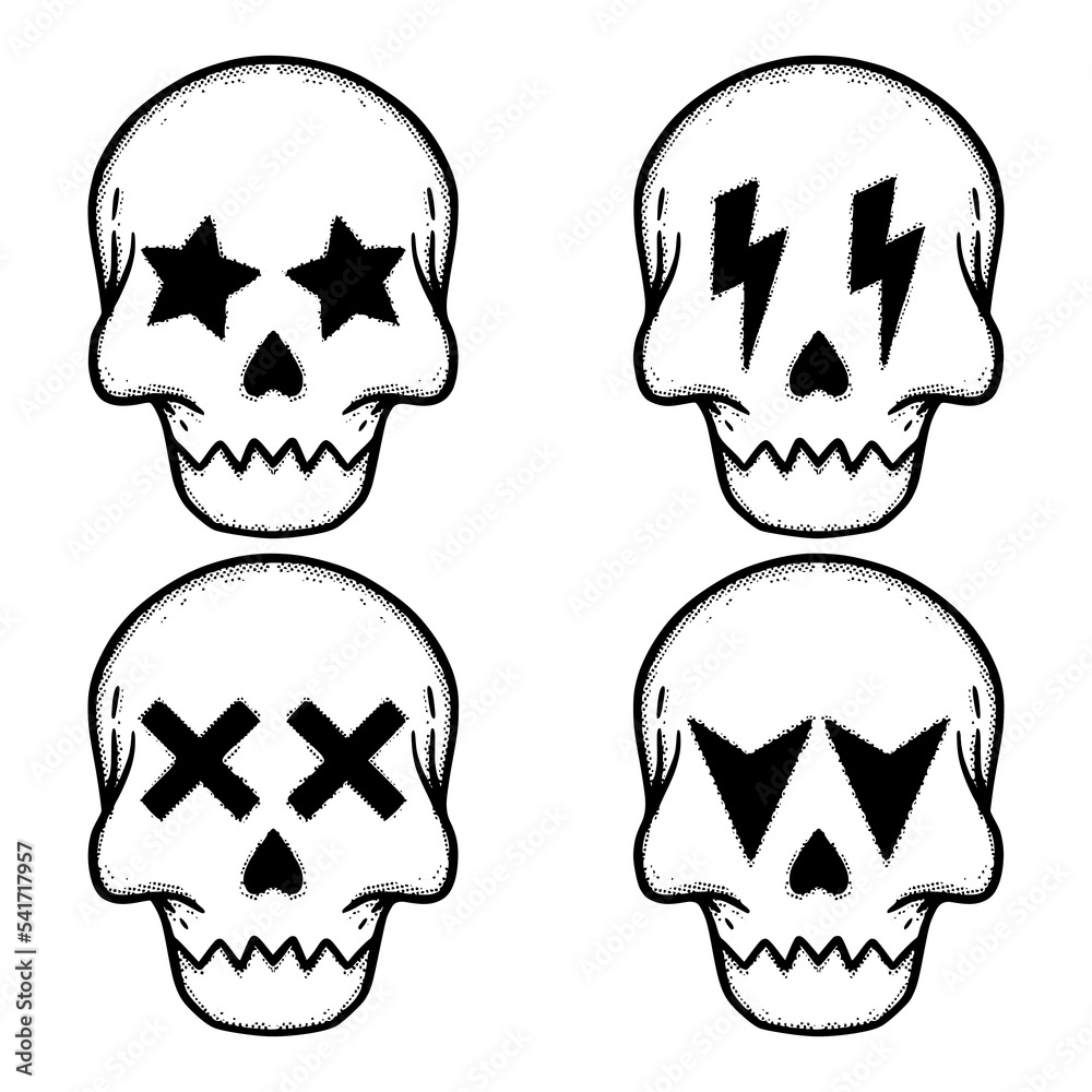 Collection set skulls Doodle Illustration hand drawn sketch for tattoo, stickers, etc