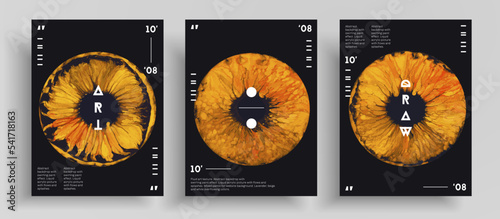 Abstract acrylic poster with eyes, fluid art vector texture collection. Trendy background that applicable for design cover, invitation, presentation and etc. Black, orange and brown creative artwork.
