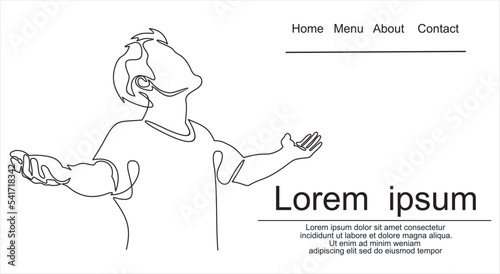 Man with raised hands. Young man raises his hands up-continuous line drawing 