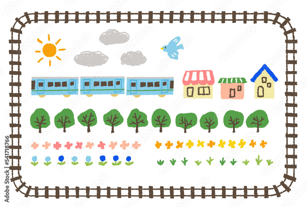 シンプルな線路のフレームイラストと電車、植物、建物などの背景イラスト素材セット