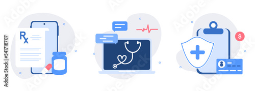 Medical illustration set. Online prescription, online medical services, health insurance and patients id card. Medicine and healthcare concept. online pharmacy, drugstore, diagnosis. Flat vector.