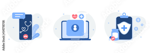 Medical illustration set. Online medical services, electronic medical record EMRs, health insurance. Online health consultation and treatment concept. Flat vector illustration.