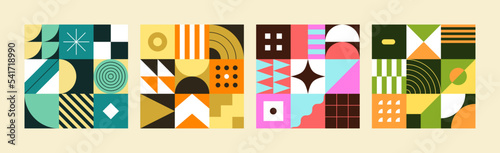 Modern pattern set. Geometric shapes. Graphic seamless patterns for web or social media. Abstract background. Swiss decorative style. Bauhaus aesthetic. Trendy vector colorful geometry.