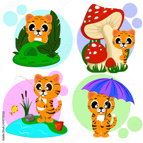 A set of cute tiger cubs in the thicket, with fly agarics, fishing, under an umbrella