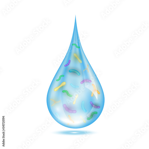 Contaminated bacteria or viruses inside water drop, toxic wastes. Polluted water icon isolated on white background. Microbiology research and analysis concept. 3D vector illustration.