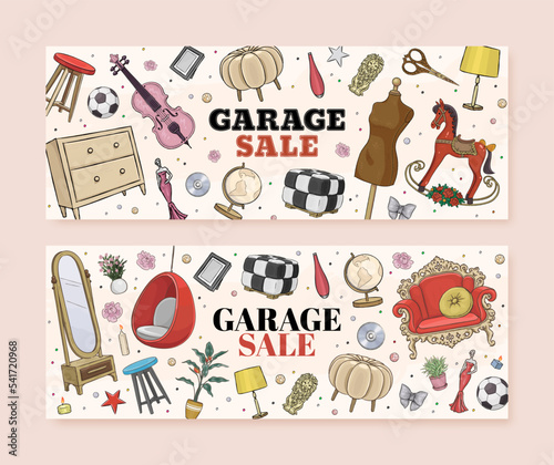Set of garage sale concept illustration. Garage promotional sale horizontal banner with hand drawn furniture and vintage accessories