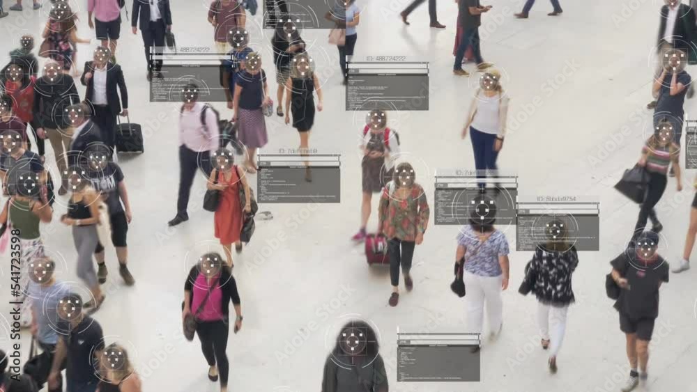 Security Camera Surveillance Footage Face Scanning of a Crowd of People ...
