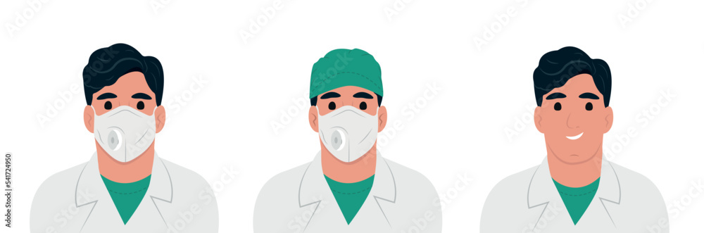 Frontline heroes illustration of doctor. Male doctors in lab coat, mask and hat. Flat style vector Frontline heroes illustration of doctor. Male doctors in lab coat, mask and hat. Flat style vector