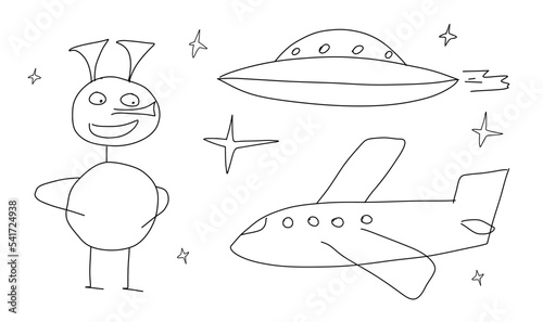 Space doodle vector illustration. Hand drawn children's drawing of space elements. Alien, flying saucer, stars, spaceship. Black and white illustration in children's style